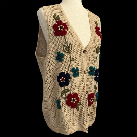Jantzen Crochet Sweater Vest Womens M 3D Knit Floral Boho Hippie Cottagecore Vtg - Picture 15 of 15